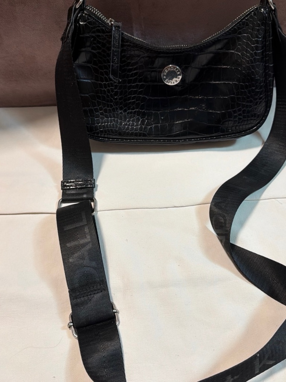 Kendall & Kylie Black Croc-Embossed Shoulder Bag with Adjustable Strap